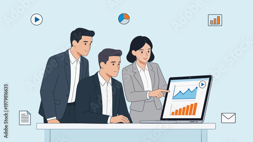 Business team analyzing data on laptop
