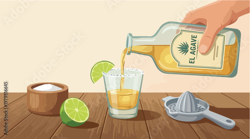 Hand pouring golden Mexican tequila from an agave bottle into a salt rimmed shot glass with a fresh lime wedge on a rustic wooden table for a traditional celebration and party
