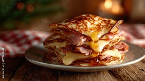 Delight in this sumptuous platter of stacked pancakes filled with ham and melted cheese, perfect for a hearty breakfast or brunch indulgence that warms the soul.