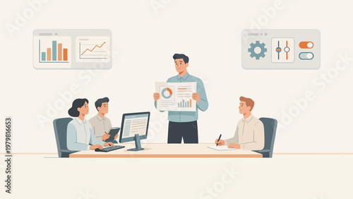 Office team meeting with data presentation