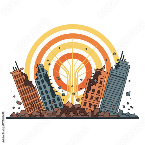 Destruction of Cityscape Buildings with Abstract Sunburst Symbolizing Catastrophe