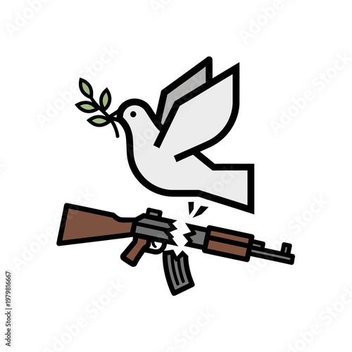 Dove Carrying Olive Branch Over Broken Assault Rifle, Symbolizing Peace Over Conflict