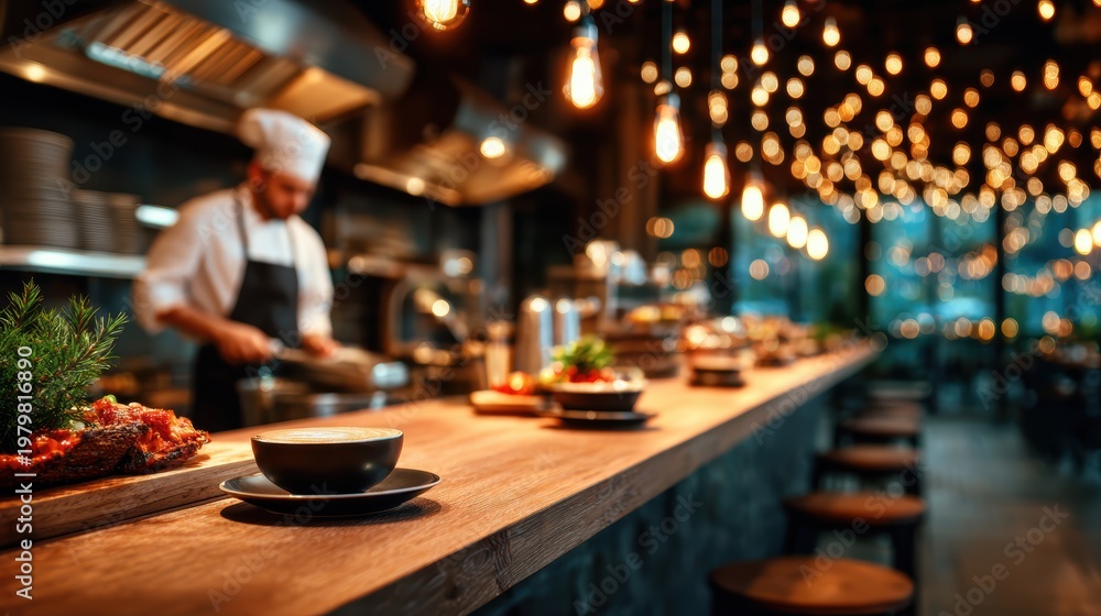 Fototapeta premium A busy chef focuses intently on preparing gourmet dishes in a well-lit, bustling restaurant kitchen, showcasing the artistry and dedication behind culinary excellence.