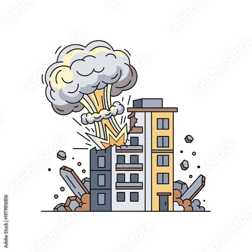 Exploding Building Illustration: Urban Disaster, City Destruction, Cartoon Style