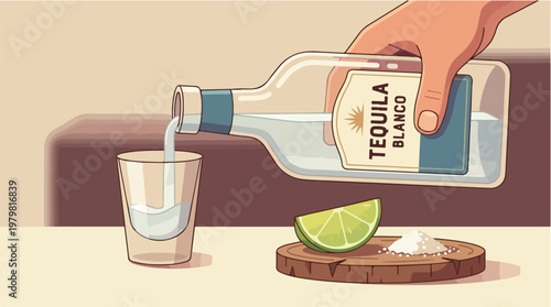Vector illustration of a hand pouring tequila blanco from a bottle into a shot glass with a fresh lime wedge and salt on a wooden coaster for a Mexican celebration