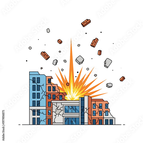 Exploding Building, City Destruction, Urban Disaster, Fire Blast, Debris Falling