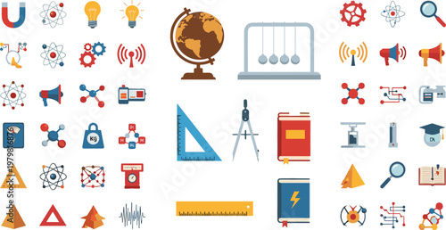 Science Education Icons Collection with Physics Chemistry Biology and Laboratory Symbols Set for School Learning Vector Illustration