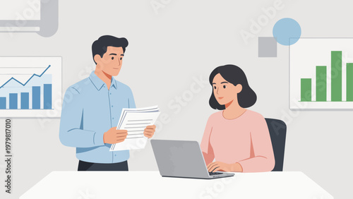 Office workers discussing documents