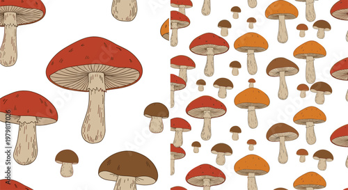 Mushroom Seamless Pattern with Hand Drawn Forest Fungi and Toadstools Repeating Background for Nature Design Vector Illustration