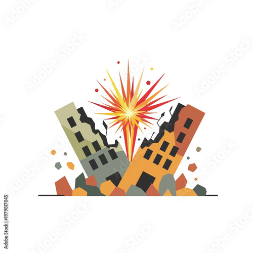Explosion Destroying Buildings, City Disaster Illustration