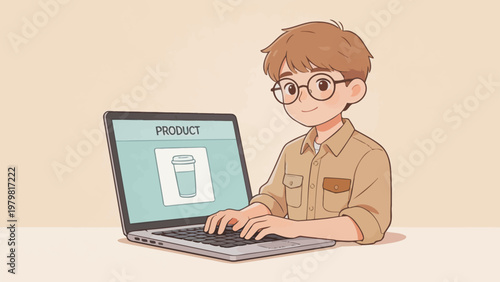 Young man working on laptop with coffee product