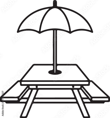 Picnic table with umbrella icon, outdoor leisure vector