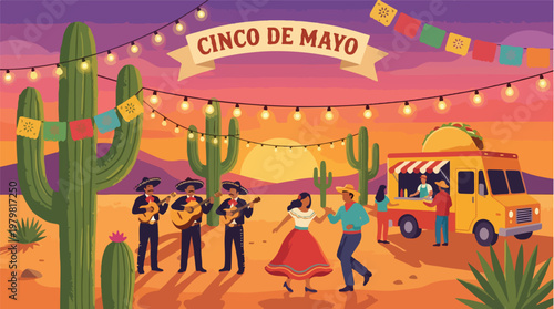 Cinco de Mayo celebration with mariachi band dancing couple and taco food truck in a desert landscape at sunset with mexican culture elements and festive decorations