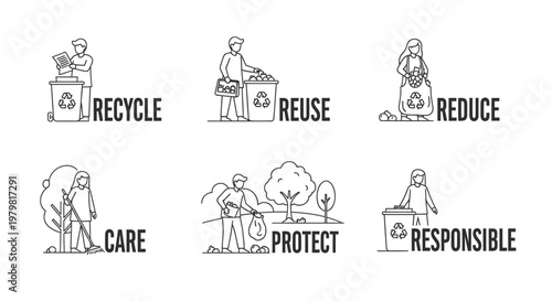 Eco friendly icons, recycling symbols, environmental care illustrations, sustainability graphics