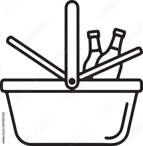 Picnic basket with bottles, outdoor meal, refreshment carrier