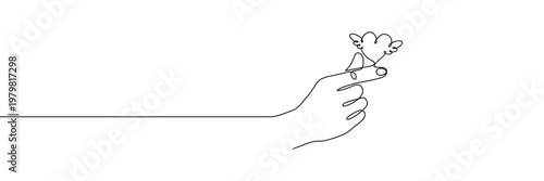 Continuous one line heart love hand korean finger icon care. Korean heart sign one line self valentine vector doodle symbol outline drawn art day drawing illustration print trend logo k gesture happy.