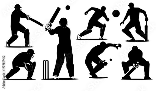 Cricket player action pose icon set sports championship vector