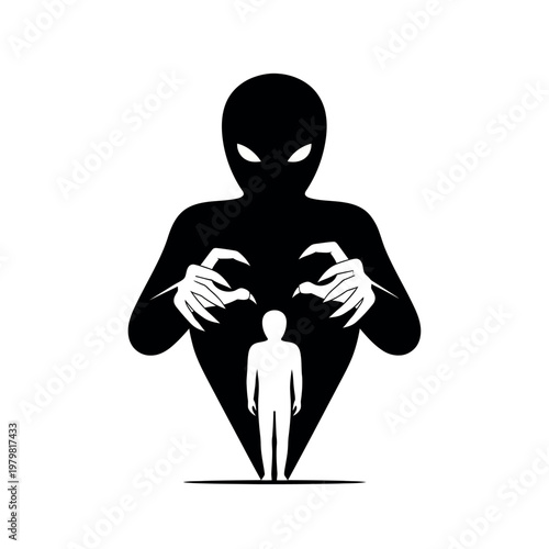 Alien Shadow Monster Threatening Small Human Silhouette.