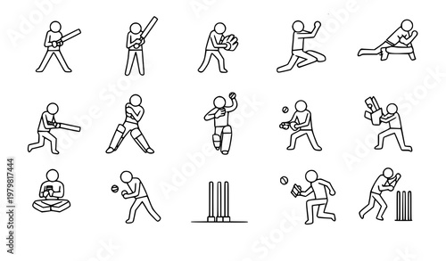 Cricket action icon set batsman bowler minimal vector collection