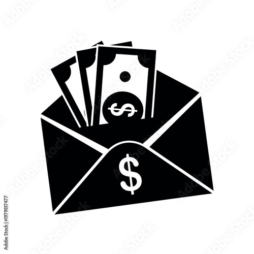 Black and White Icon of an Envelope with Money Inside.