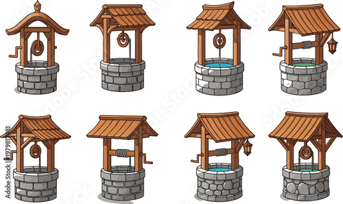 Water Well Collection with Wooden Roof and Stone Wells Set for Village Rural Architecture Design Vector Illustration
