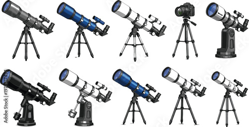 Astronomical Telescope Collection with Tripod Mounted Optical Instruments Set for Space Observation Astronomy Equipment Vector Illustration