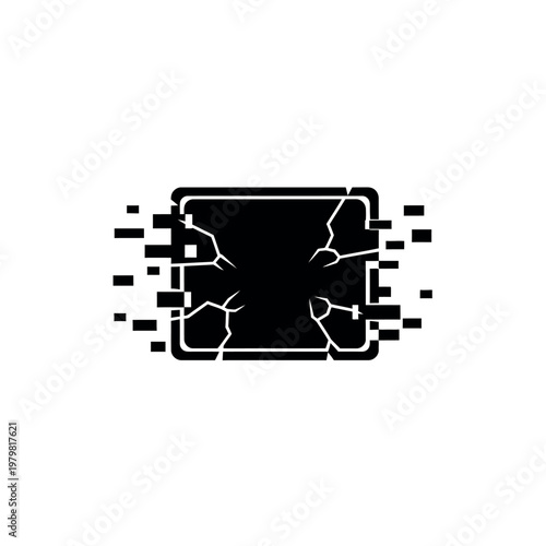 Glitching Square Icon with Cracks and Pixels.