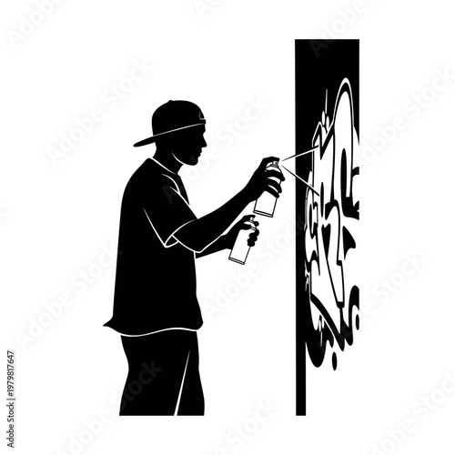 Graffiti artist spraying paint on wall silhouette.