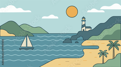 Coastal Landscape Illustration with Lighthouse, Sailboat, Beach, and Mountains