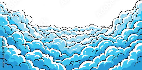 Abstract blue clouds in comic book style, upward perspective, dynamic sky background illustration.
