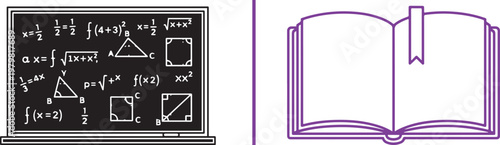 Vector illustration of a blackboard with math equations and an open book with a bookmark