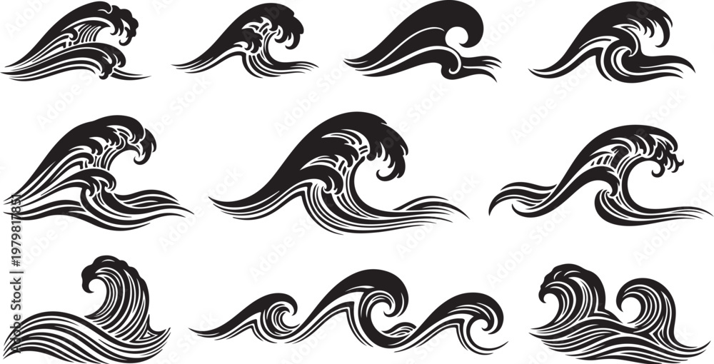 Fototapeta premium Set of black and white wave illustrations on white