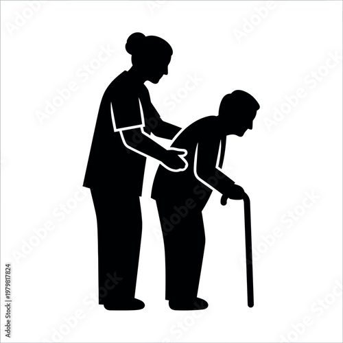 Silhouette of a caregiver assisting an elderly person with a cane.