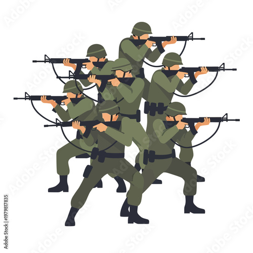 Military Squad Advancing with Rifles, Ready for Combat