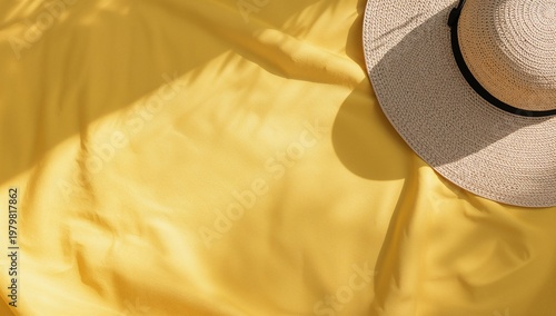 Yellow picnic cloth with straw hat shadow creating a bright summer lifestyle background with soft sunlight.
