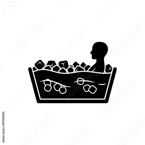 Silhouette of a person taking an ice bath with ice cubes floating in water.