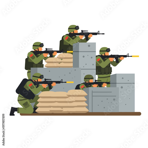 Military squad with rifles behind sandbags and concrete barriers, ready for action.