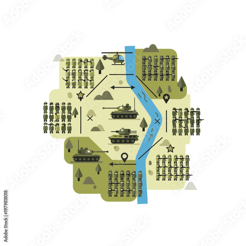 Military Strategy Map with Tanks, Soldiers, Helicopter, and River