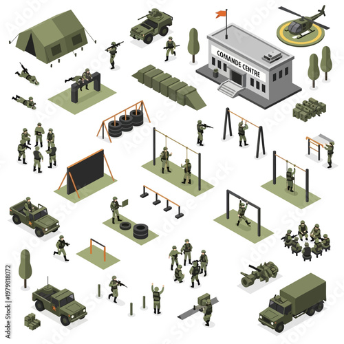 Military Training Camp Isometric Scene: Soldiers, Vehicles, Obstacles, and Command Center