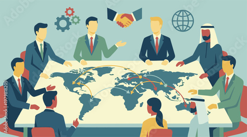 Global business meeting with diverse executives around a world map