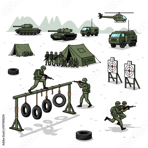 Military Training Obstacle Course with Soldiers, Tanks, Helicopter, and Tents