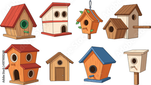 Cartoon Birdhouse Collection with Colorful Wooden Nesting Boxes Set for Garden Wildlife Decor Cute Vector Illustration