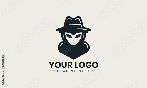 Black masked character with hat is presented as bold monochrome vector logo on clean white background for security and anonymous mascot branding use
