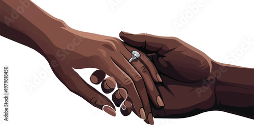Two intertwined hands with diamond rings symbolize love and unity between a couple.