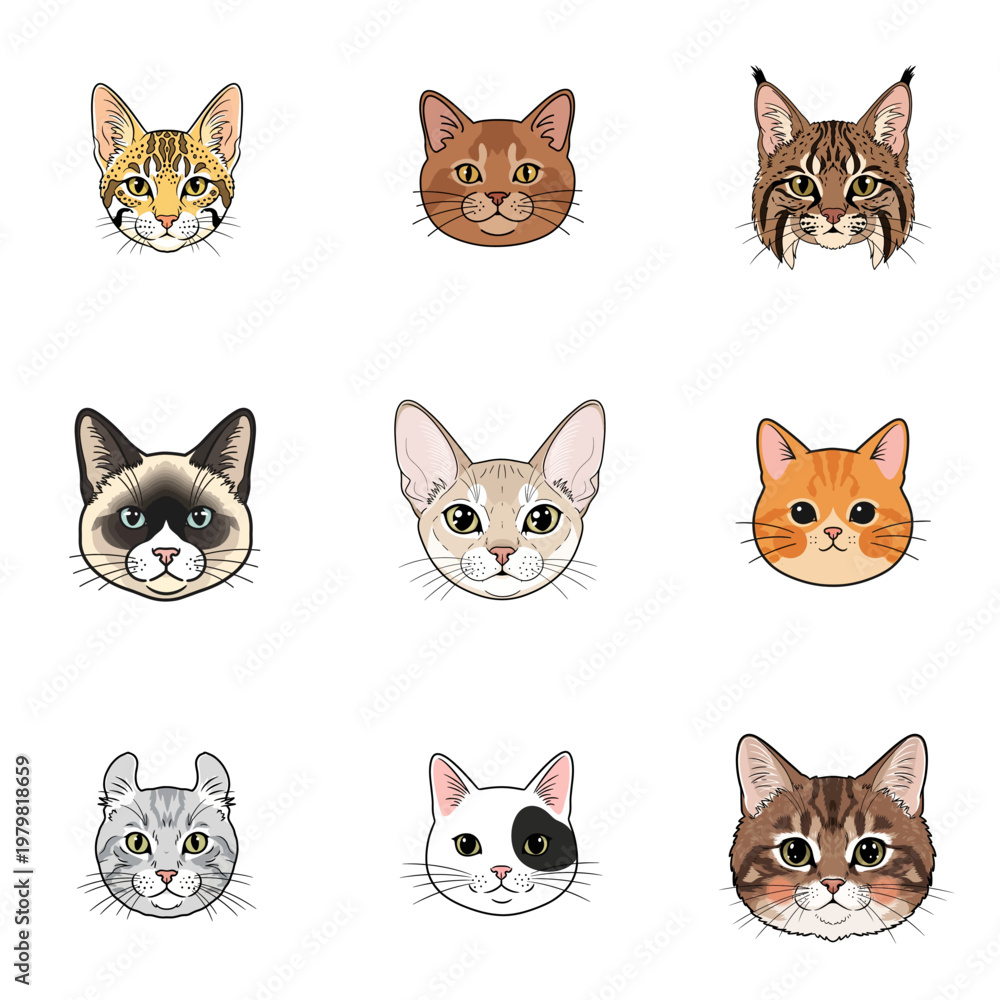 Fototapeta premium Set of Various Cartoon Cat Breed Face Icons Isolated on White Background