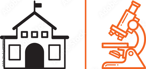 School building and microscope icons representing education and science