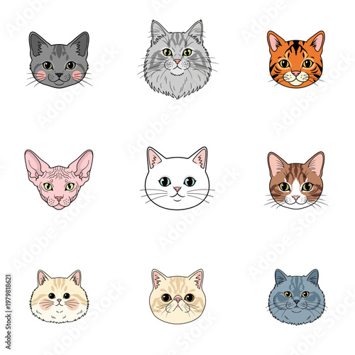Set of Nine Cute Cat Breed Vector Illustrations - Cartoon Feline Portraits Icon Collection