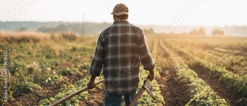 Wide angle over shoulder view of farmer walking through crop row holding farming tool expansive field visible behind wide outdoor environment camera behind subject no face visible natural sunlight