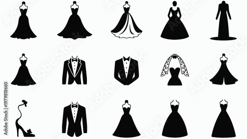 Elegant vector illustration of formal attire for men and women featuring sleek black and white silhouettes of gowns tuxedos and evening wear in a modern minimalist style arranged