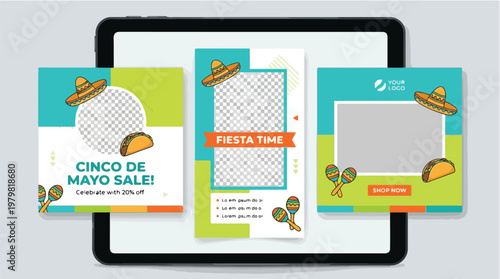 Cinco de Mayo sale social media post and story templates with Mexican culture elements like sombrero taco and maracas for festive celebration marketing and online promotion